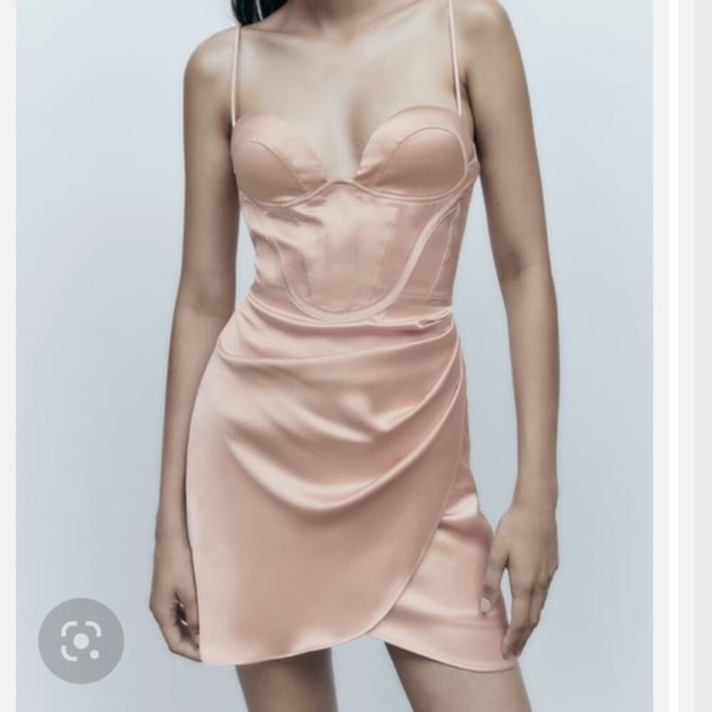 Zara Bustier Corset Satin Mini Dress Champagne Medium - Picture 2 of 14